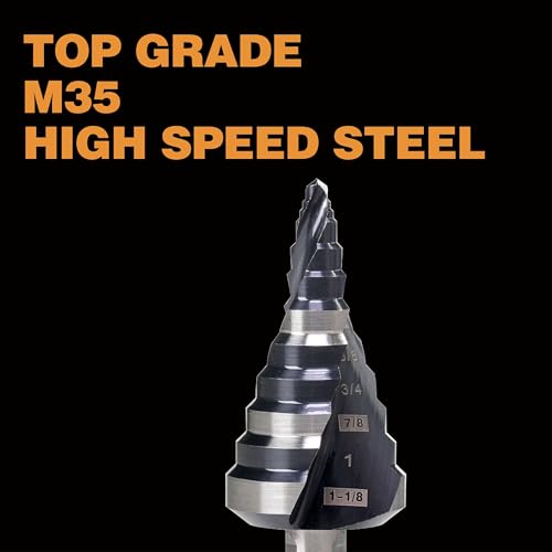 Image of Heavy Duty M35 HSS 1 /4 to 1-1 /8 Inch Step Drill Bit with Double Flutes, Large High Speed Steel Step Bit for Stainless Steel, Metal, Wood