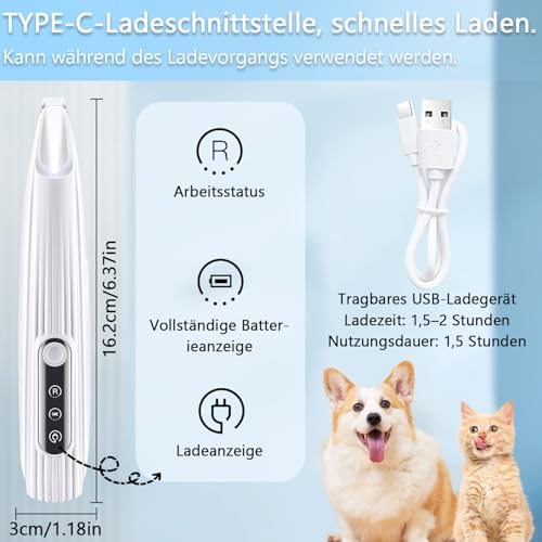 Mucek Leise Hundeschermaschine, Pfotentrimmer für Hunde mit LED-Licht, Hundepfoten Trimmer Wiederaufladbarer, Pfoten Rasierer für Hunde und Katze Dickes, Lockiges und Langes Tierhaare