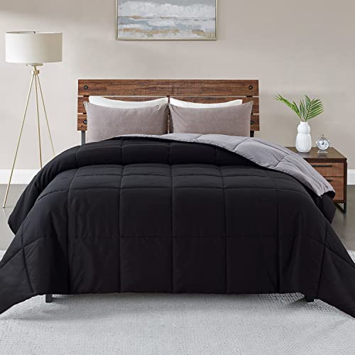 WhatsBedding All Season California King Black/Grey Reversible Down Alternative Comforter - Lightweight Bed Comforter with Corner Tabs - Duvet Insert or Stand-Alone Comforter - 104×96 Inch
