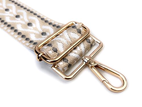 Image of White Geometric Jacquard Purse Strap with Light Gold Hardware 2 Inch Wide Replacement Crossbody Guitar Style Adjustable Shoulder Strap for Handbags Totes