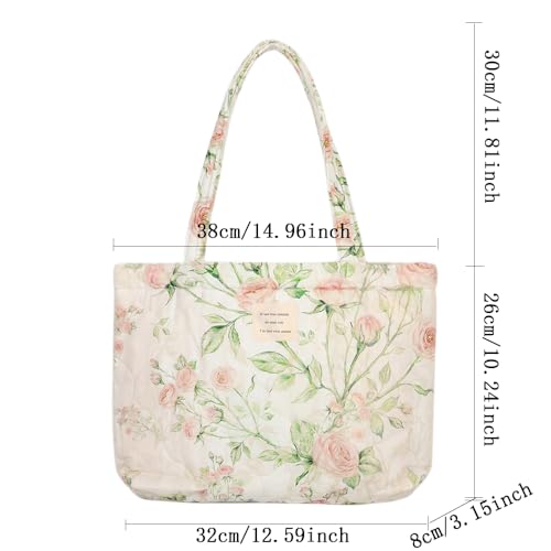Image of Floral Quilted Cotton Shoulder Bag for Women Medium Size Handbag Large Capacity Thickened Design Tote