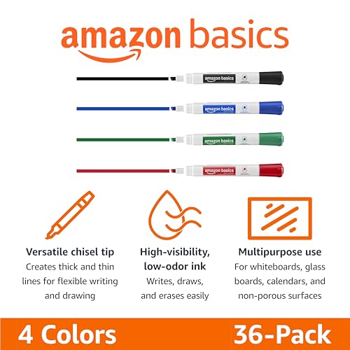 Image of Amazon Basics Low-Odor Dry Erase Whiteboard Markers, Chisel Tip, Quick-Dry, 4 Assorted Colors, 36-Pack