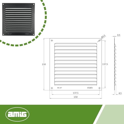 Amig - Quadratisches Aluminiumgitter mit Insektenschutz | Lüftungsgitter für Luftauslass | Ideal für Decken in Küche und Bad | Maße 150 x 150 mm | Farbe Schwarz