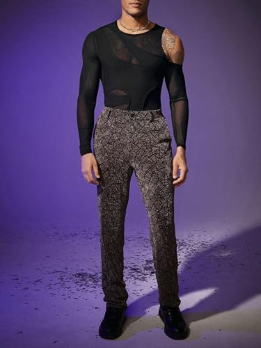 WDIRARA Men's Cut Out Cold Shoulder mesh Solid Round Neck Long Sleeve tee Shirts3