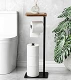AIDILI Toilettenpapierhalter Stehend mit Ablage - Stabiler Toilettenpapierhalterständer für 4 Rollen Klopapier Aufbewahrung Schwarz Klopapierhalter Ohne Bohren(Metall und Holz)