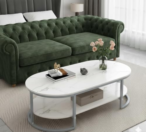 Image of CROWN ART SHOPPEE Coffee Tables for Living Room Modern Coffee Table Oval Sofa Table Center Tables for Living Room 2 Tier Side Table Small Apartment Home Furniture Black Gold 2T (Gry White)