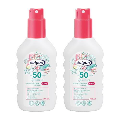 dulgon 2 aerosoles solares SPF 50 para niños, 200 ml, sin octocryleno, protección contra la radiación UVA y UVB, protector solar para niños, resistente al agua, sin perfume, vegano y sin