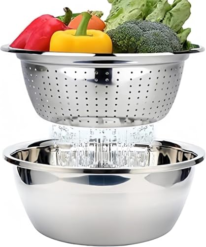 Edelstahl Seiher und Schüsselset Küchensieb Nudelsieb Reis Waschschüssel Salat-Sieb Rührschüssel Set, Stapelbares Edelstahl Schüsselset Ø 26cm