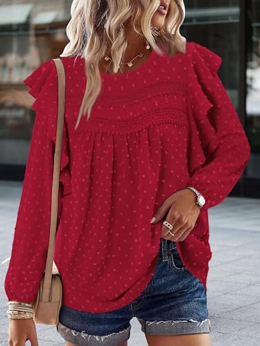 BETTE BOUTIK Womens Boho Fall Long Sleeve Shirts Crewneck Dressy Casual Blouses Trendy Flowy Tops