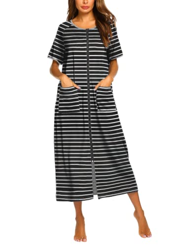 Image of Ekouaer Women Robe Zipper Short Sleeves Full Length House Coat with Pockets