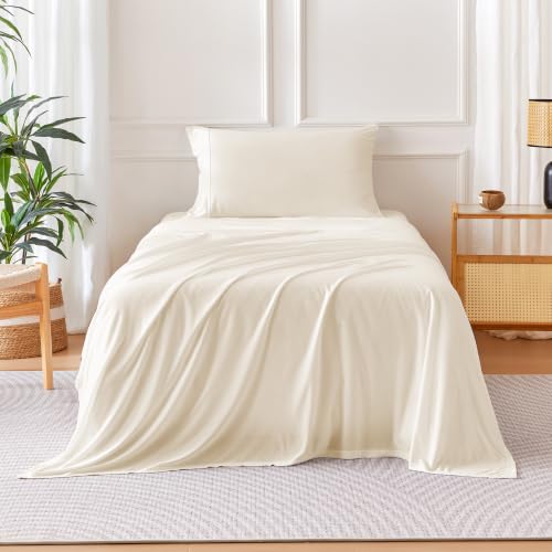 Image of Amazon Basics Jersey Knit 3-Piece Sheet Set, Wrinkle Resistant and Easy Fit, Includes 16 inch Deep Pocket Fitted Sheet, 1 Flat Sheet and 1 Pillowcase, Twin, Ivory White