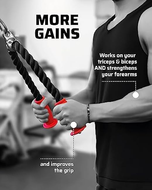 Ergonomic Tricep Rope | 30¡± Non-Slip Cable Attachment | Wrist Pressure Relief | Grip Strength & Forearm Activation | Home & Commercial Gym Accessory | for Cable Machine & Smart Gym