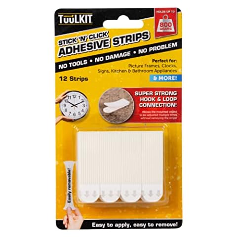 TuuLKIT Stick 'N' Click Adhesive Strips - 12 Super Strong Hook And Loop Strips Perfect For Frames, Clocks, Keys, Decorations & Lights Cover