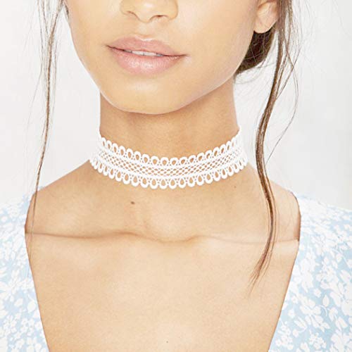 TseanYi Wide Lace Choker Necklace White Hollow Lace Collar Necklace Elastic Clavicle Necklace Chain Fashion Jewelry for Women and Girls (White)