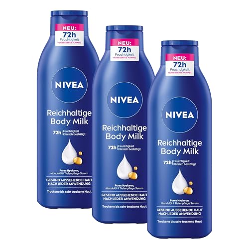 NIVEA Reichhaltige Body Milk, intensiv pflegende Körpercreme mit purem Hyaluron, Mandelöl und Tiefenpflege Serum, Lotion für trockene Haut (250 ml) (Packung mit 3)