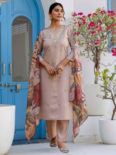 Image of Naixa Women's Chanderi with Cotton Lining Embroidered Straight Kurta with Pant and Dupatta Sets (NX2-570)