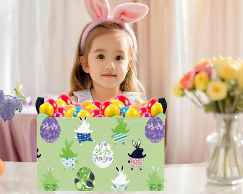 Image of Large Rectangular Easter Baskets Empty Waterproof Boy Toy Box Foldable Kid's Gifts Storage Bin Spring Room Decor(Green Dancing Rabbit Egg)