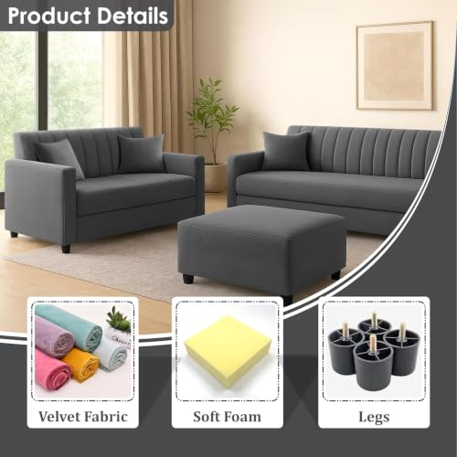 Image of 3+2 Fabric Sofa Set with Ottoman for Living Room | Modern Upholstered 5-Seater Couch | Soft Cushion, Premium Velvet Fabric - Grey Color