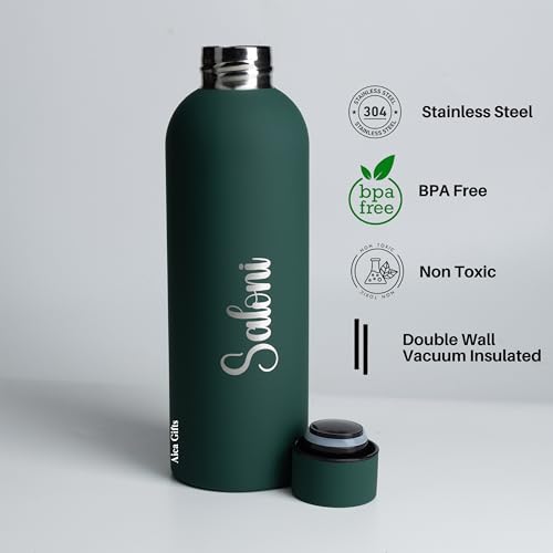 Image of AICA Personalized Name Stainless Steel Water Bottle -500ml - 12 Hrs Hot & 18hHs Cold (Darkgreen) | Customised Gift For Man Woman Girl Boy