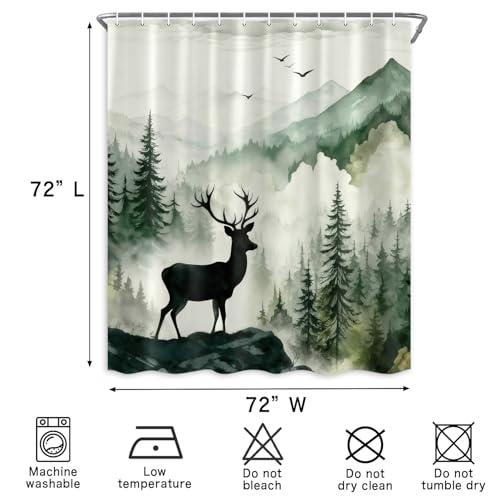 VeiVian Misty Forest Deer Shower Curtain, Nature Mountain Landscape Modern Bathroom Decor, Waterproof Fabric Woodland Animal Shower Curtain Set Rustic Cabin Style, 72x72 Inch with Hooks by VeiVian - Image 5
