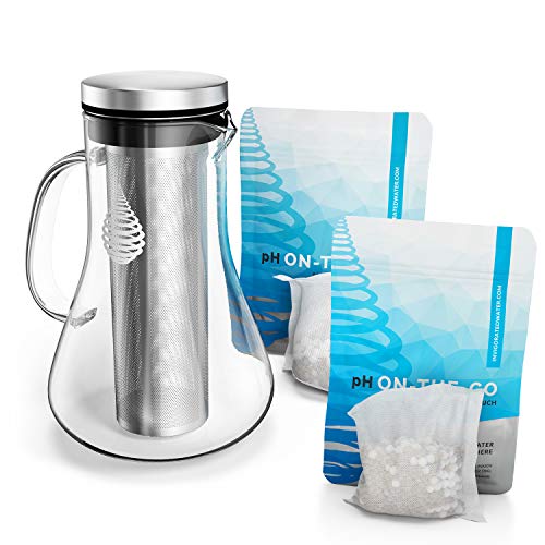 pH Replenish Glass 1000 ml Alkaline Water Pitcher by Invigorated Water - High pH Filtered Water Purifier - Includes Long Life Filter (1000ml) + pH ON-THE-GO Alkaline Water Filter Pouch 100g 1 pk Bundle