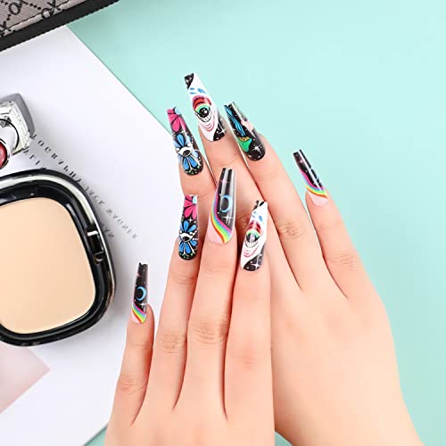 24Pcs Press On Nails Long Coffin Fake Nails Matte Eye Flower False Nails With Designs Acrylic Artificial Nail Art Decorations Full Cover Glue On Nails For Women Girls (Black) #TOP3