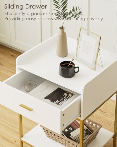 Image of Masupu Nightstand, 3-Tier Modern Bedside Night Stand with Storage Drawer and Shelf, Large End Side Table for Bedroom, Living Room, White