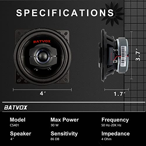 Batvox Cs401 90 Watts 4 Inch 2 Ways 4 Ohm Impedance And Piezo Tweeter For Premium Car Audio Coaxial Car Speakers, Car Stereo Sound System With Removable Grill (2 Speakers) #TOP4