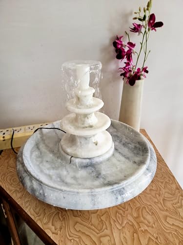 Image of RM White Marble Indoor Water Fountain 15 Inch - Luxury Tabletop Vastu Fountain with Pump for Home Office Meditation Decor | Decorative Water Feature for Living Room Calm Ambience