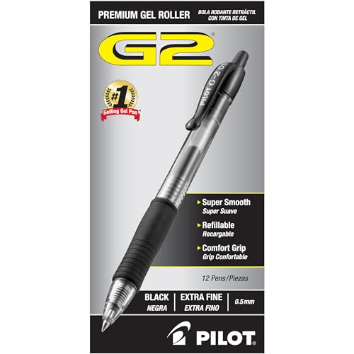 PILOT G2 Premium Refillable and Retractable Rolling Ball Gel Pens, Extra Fine Point, Black Ink, 12-Pack (31002)