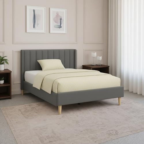 Image of Metal Upholstered Bed King Size Without Storage | Wooden King Size Cot with Headboard | Double Size Bed for Bedroom | Palang Furniture for Guest Room & Hotels, Grey, (Grey)