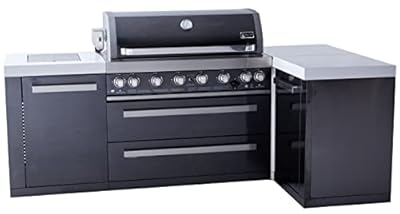 Mont Alpi MAi805-BSS90 44-inch 6-Burner 115000 BTU Deluxe Black Stainless Steel 90 Degree Outdoor Kitchen Gas Island Grill w/ Infrared Side Burner Rotisserie Kit + Storage Drawers & Cabinets