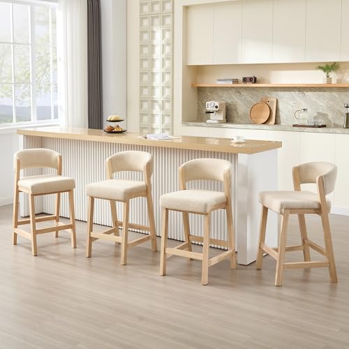 Image of Zesthouse Wooden Counter Height Stools Set of 4, Mid Century Kitchen Bar Stools with Back & Raw Solid Wood Legs, Farmhouse Upholstered Barstools for Kitchen Island, Beige Linen Counter Hieght Chairs