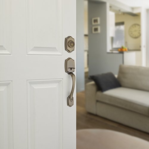 Image of Kwikset Belleview Front Door Lock Handle and Deadbolt Set, Entry Handleset Exterior with Interior Door Knob, Antique Brass, Pick Resistant SmartKey Rekey Deadbolt Security