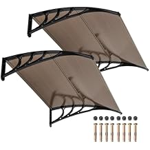 2 Pieces Window Awning Door Canopy, 48" x 40" Door Awnings Exterior with UPF50+ Sun Rain Snow Protection & Hallow Polycarbonate Sheet, Outdoor Front Door Entrance Canopy Coffee