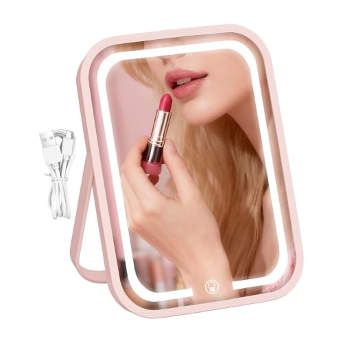 Espejo de maquillaje con 3 colores de luz regulable y batería recargable portátil 2