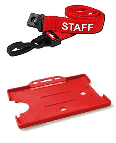 Identity-Plus: Red Pre-Printed Staff Lanyard Neck Strap (Plastic J Clip, Safety Breakaway Point) with Red Landscape Card Holder (100)