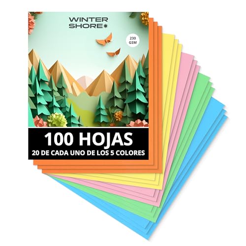 Winter Shore Surtido de Cartulina A4 Pastel (Pack de 100) - Papel Kraft Pastel Grueso de 230 g/m² - Papel Manualidades Multicolor de Doble Cara, Artesanía, Tarjetas, Fácil de Imprimir 21 x 29,7 cm
