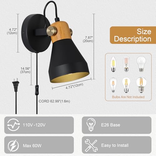 Image of Modern Plug-in Wall Sconces, Matte Black | Adjustable Reading Light, Real Wood Accent, For Bedroom, Living Room, Apartment, Home Office