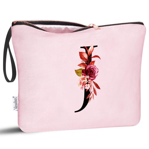 Image of Vavabox A-Z Personalized Makeup Bag, Birthday Gifts for Women Mom, Gifts for Best Friend, Bride Bridesmaid Cosmetic bag (J, 06-Pink)