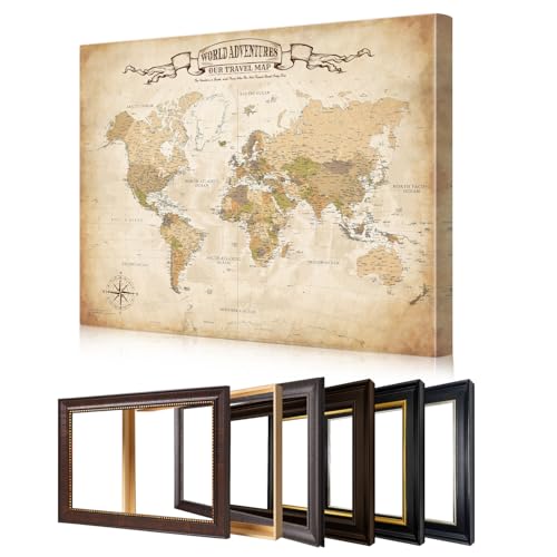 Image of DECORARTS - Personalized World Travel Map with Pins, Custom Name, Pin Board Canvas Wall Art, Antique Vintage Old World Decor, Optional Wood Frame, Giclee Print, Handcrafted in USA, 30x24''