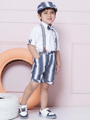 Image of AJ DEZINES Kids Cotton Blend Stripes Shirt Shorts With Cap and Suspender Set For Boys