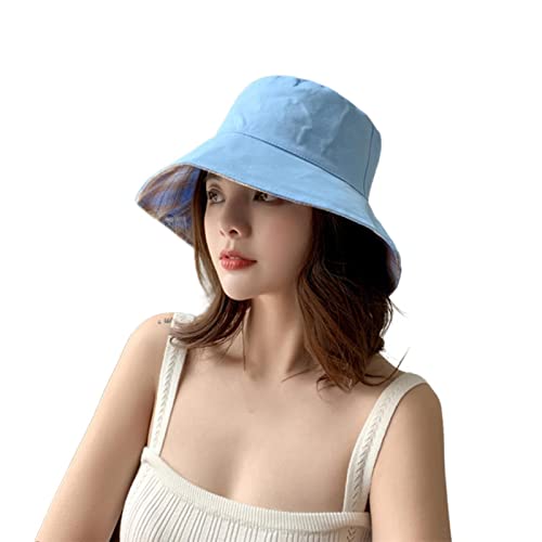 Photo de XKUN Chapeau de Seau Chapeaux De Plage en Coton pour Femmes Chapeau Féminin Dame Seau De Soleil Chapeau pour Les Deux Côtés-Céu Azul,XXL