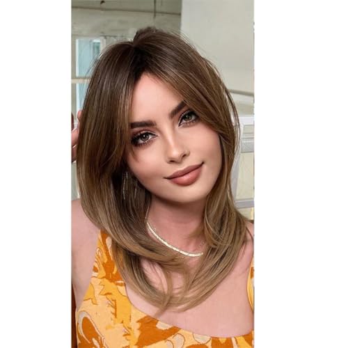 Women Long Straight Hair Wig With Bangs Layered Highlight Synthetic