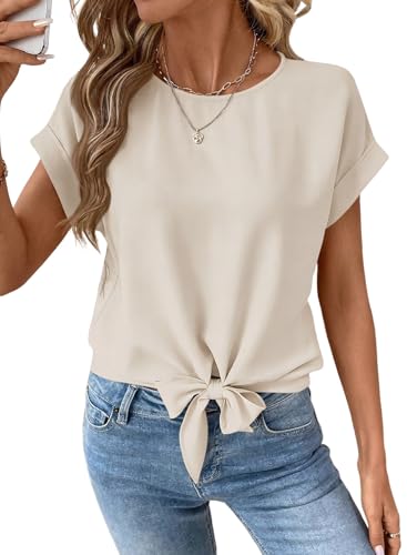 EVALESS Womens Tops Summer Cap Sleeve Tie Front Shirts 2026 Business Casual Work Blouses Black Beige M