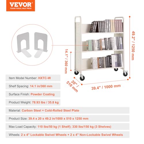 Image of VEVOR Book Cart, 330 lbs Library Cart, 39.4 inch x 20.1 inch x 49.2 inch Rolling Book Cart, Double Sided W-Shaped Sloped Shelves with 4-Inch Lockable Wheels for Home Shelves Office School, Book Truck in White | for Home Shelves Office School, Book Truck, Double Sided W-Shaped Sloped Shelves, Flexible with 4-Inch Lockable Wheels, White
