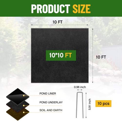 Image of Fanfanwin 10 x 10 ft Pond Liner Underlayment with 10 U-pins, 9oz, Black