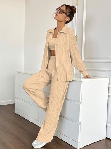 Image of Shasmi Women's 3-Piece Co-ord Set - Solid Button Front Shirt, Strapless Tube Top & Wide Leg Pants | Casual Loose Fit Western Outfit for Daily Spring /Fall Wear (Co-Ord-208)