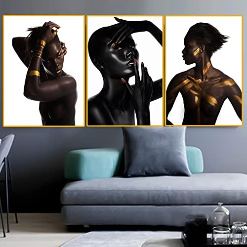 Peinture sur Toile Art Africain : Affiche Femme Or et Noir aux Finitions Graphiques