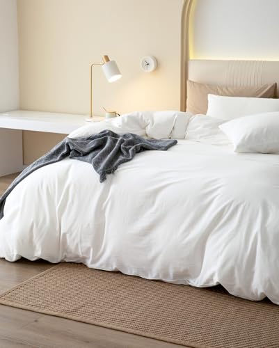 JIYUAN 100% Washed Cotton Duvet Cover Set 3 Pieces Oversized King, 1 Duvet Cover 120x98 Inches(Comforter Not Included) and 2 Pillowcases,Linen Feel Bedding Set Comfy and Breathable,Bright White